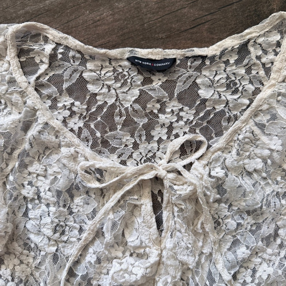 New York & Company Vintage Whimsigoth Tie Front Bell Sleeve Lace Blouse, Ivory,M - Picture 2 of 11